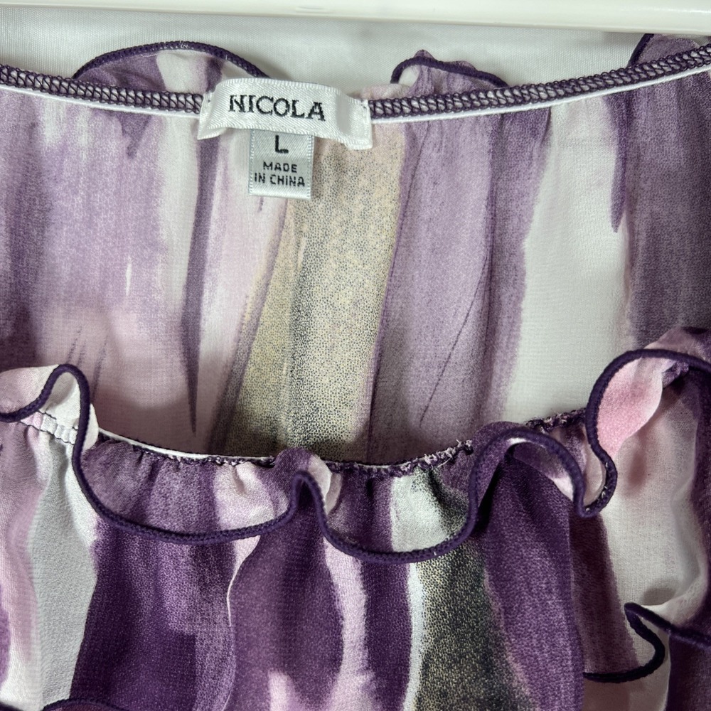 NICOLA Women's Sheer Purple Blouse Size L Abstract Print Long Sleeve Button-Up - Picture 6 of 15